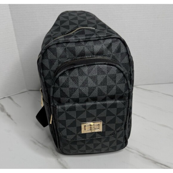 Vegan Sling Backpack Crossbody Geometric Pattern Lead-Free Shoulder Bag in Black - Picture 1 of 9